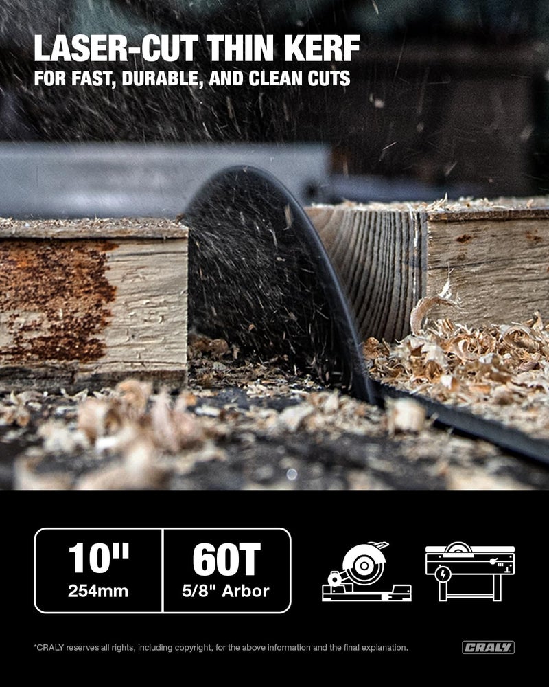 CRALY 10 Inch 60 Teeth Fine Finish Wood Cutting Circular Saw Blade, 5/8 Inch Arbor, Carbide Tipped, Thin Kerf, Black Ice Coating, for Wood Cutting Table Saw, Miter Saw(C1060FF) - Image 2